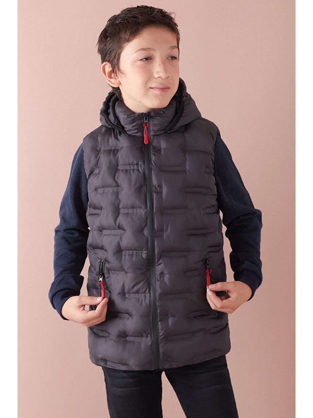 Gri Erkek Çocuk Desenli Kapüşonlu Şişme Yelek 14582