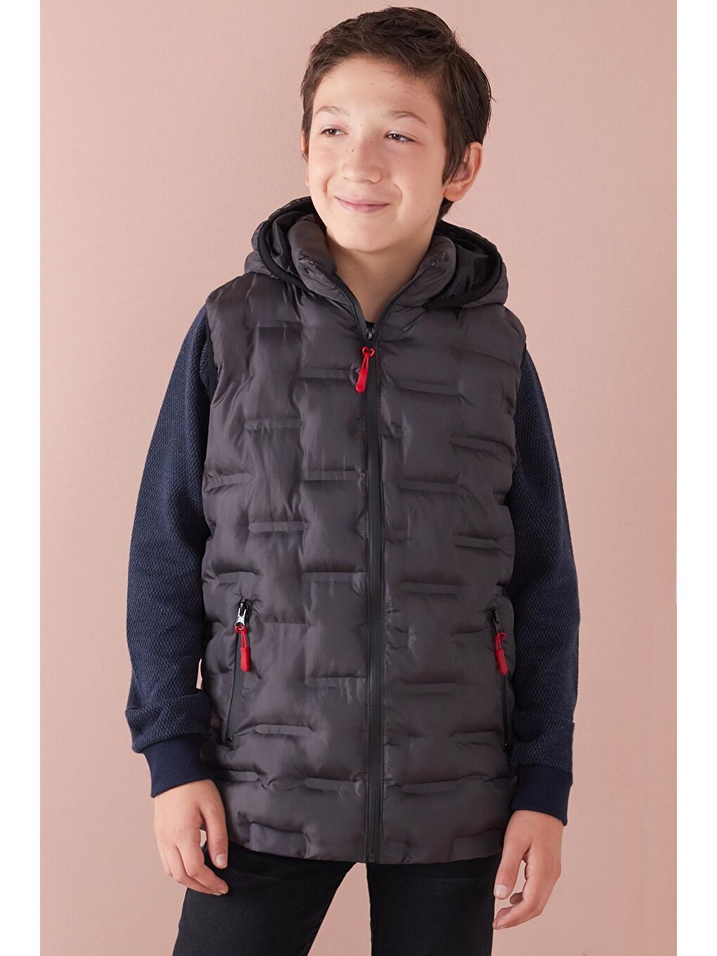 Gri Erkek Çocuk Desenli Kapüşonlu Şişme Yelek 14582-1