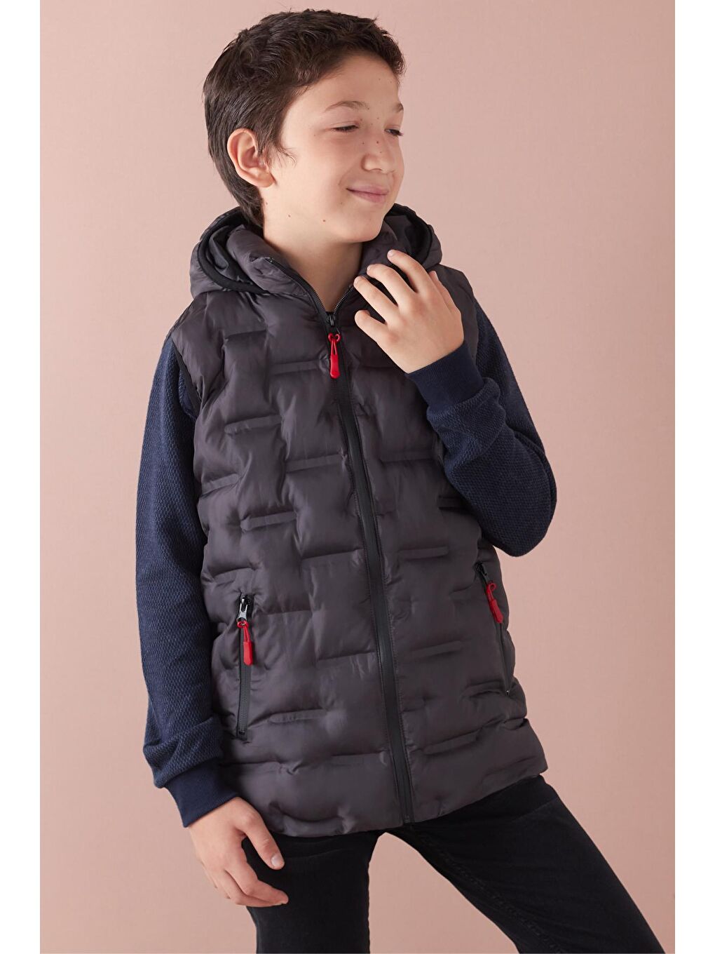Gri Erkek Çocuk Desenli Kapüşonlu Şişme Yelek 14582-2