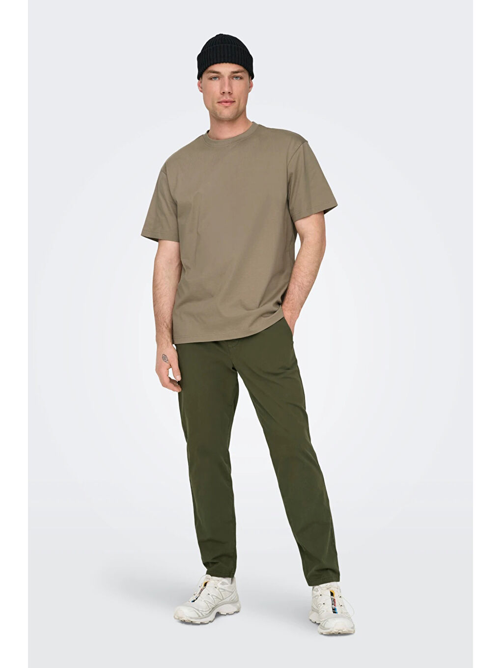 Bej Onsfred % 100 Pamuk Relaxed Fit Bisiklet Yaka T Shirt 22022532-1