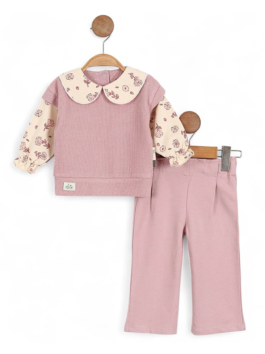 Pembe Kız Bebek Özel Tasarım Bebe Yakalı, Örme Triko 6-9-12 Ay Bebek Takımı-1