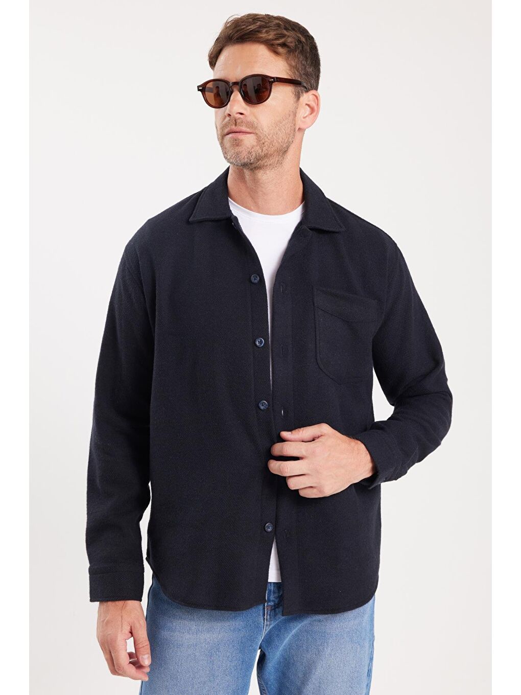 Erkek Relax Fit Rahat Kesim Oduncu Tek Cepli Armürlü Lacivert Apaş Yaka Kışlık Gömlek-4