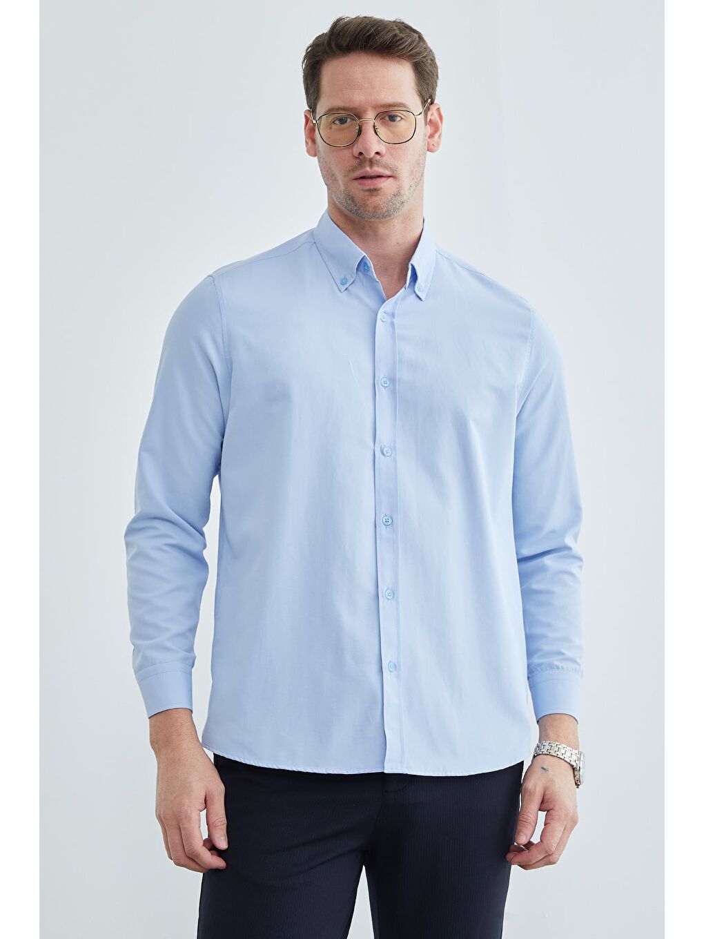 Mavi Basic Düğmeli Uzun Kollu Gömlek-1