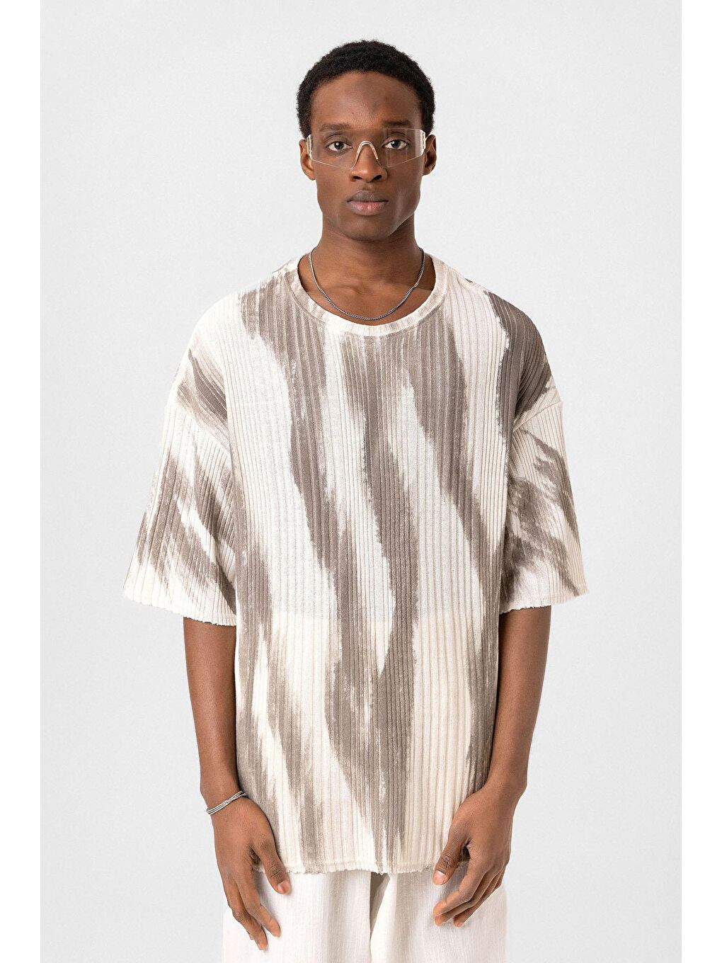 Kahverengi Yıkamalı Oversize Triko Tişört Kahve-2