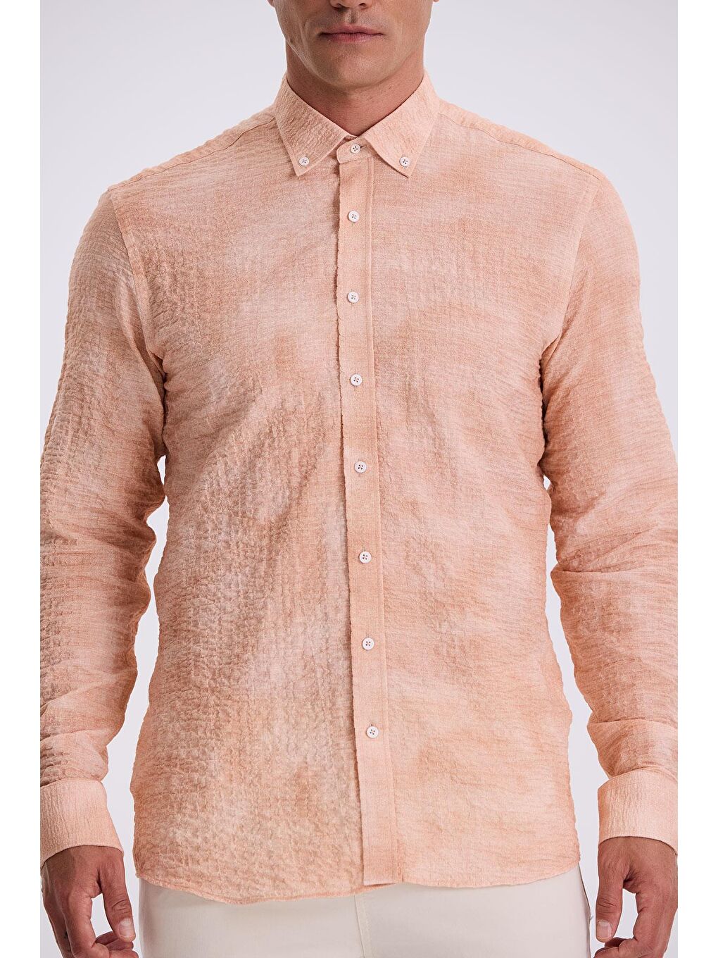Turuncu Comfort Fit Gofre Kumaş Düğmeli Yaka Desenli Gömlek-2