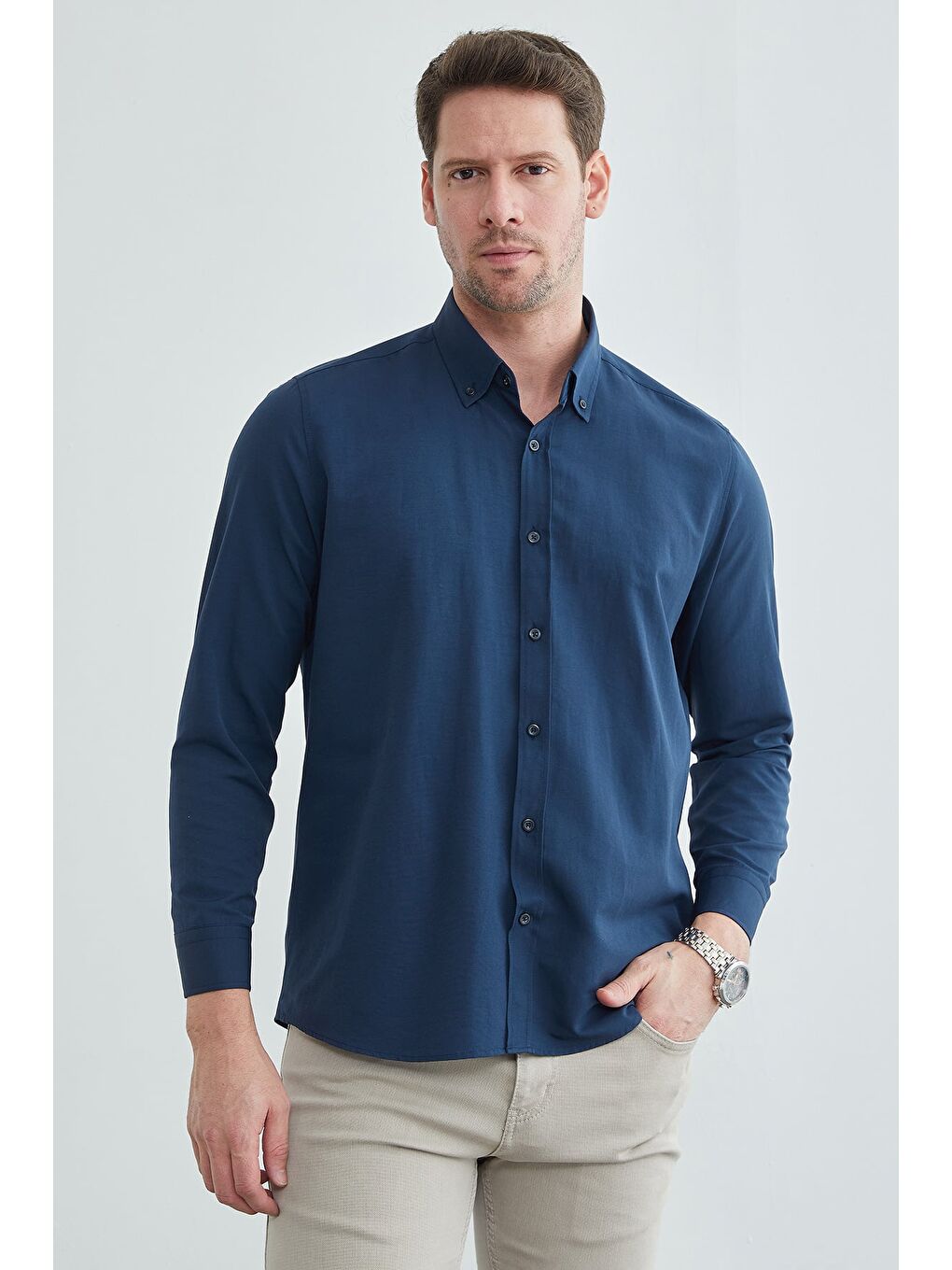 Lacivert Basic Düğmeli Uzun Kollu Gömlek-1