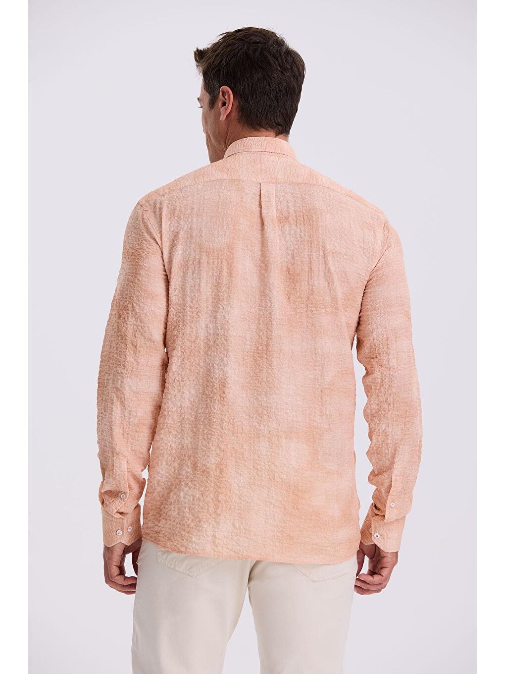 Turuncu Comfort Fit Gofre Kumaş Düğmeli Yaka Desenli Gömlek-3