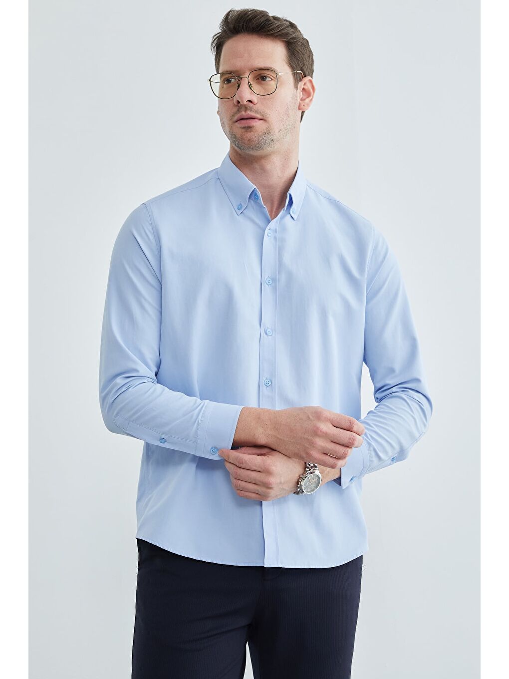 Mavi Basic Düğmeli Uzun Kollu Gömlek-2