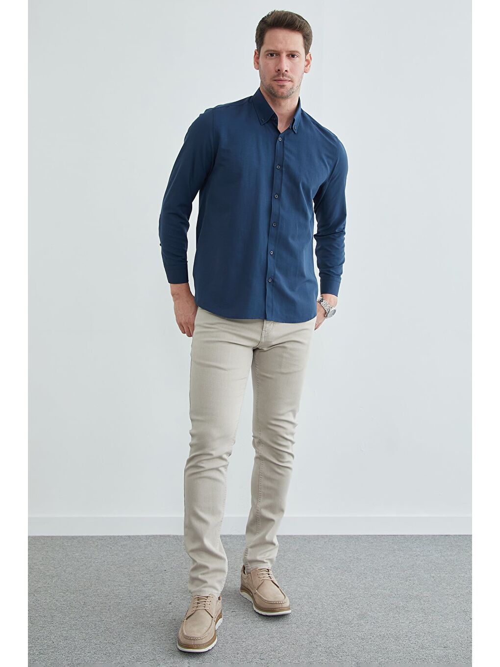 Lacivert Basic Düğmeli Uzun Kollu Gömlek-2