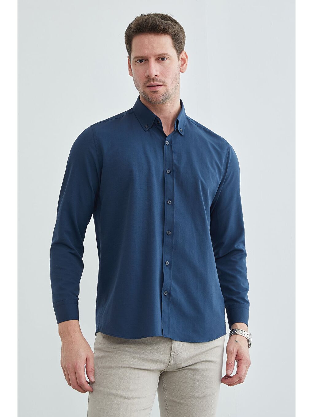 Lacivert Basic Düğmeli Uzun Kollu Gömlek-3