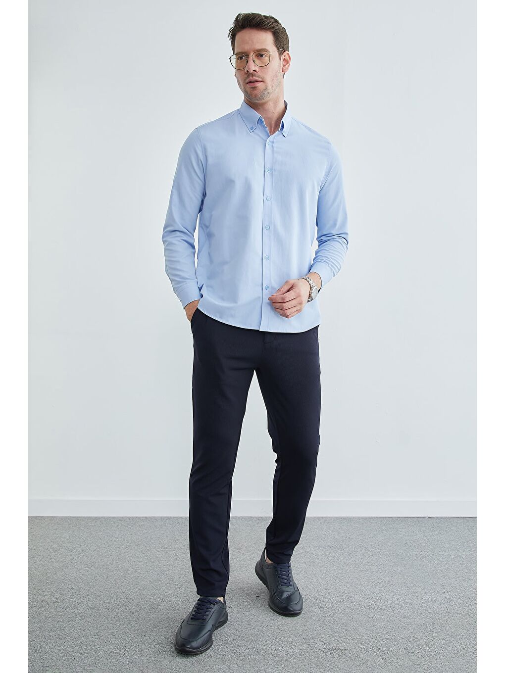 Mavi Basic Düğmeli Uzun Kollu Gömlek-3