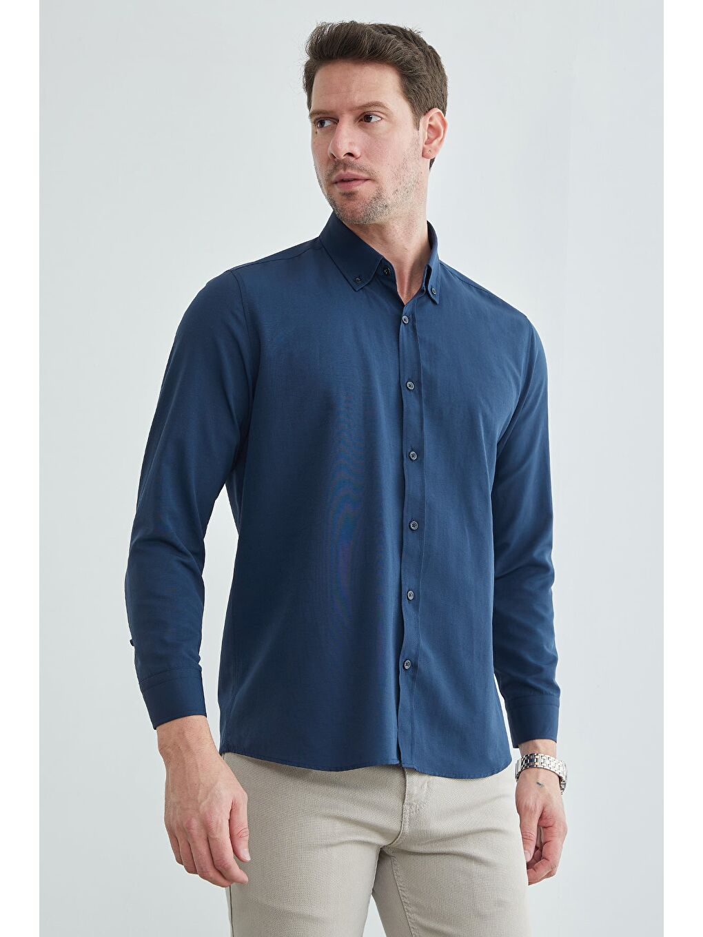 Lacivert Basic Düğmeli Uzun Kollu Gömlek-4