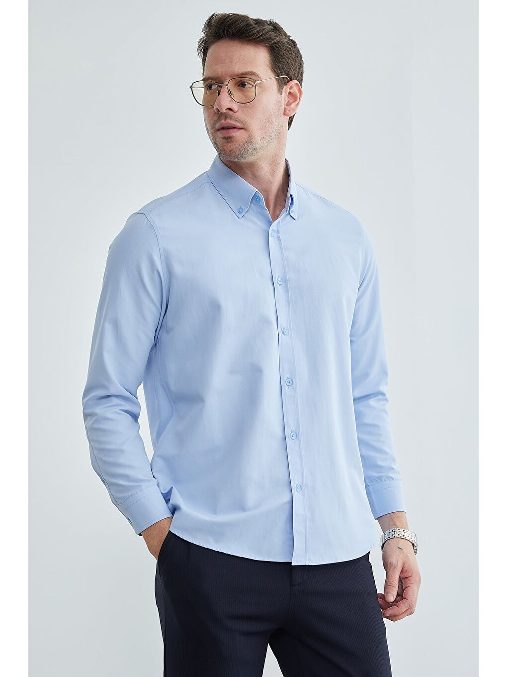 Mavi Basic Düğmeli Uzun Kollu Gömlek-4