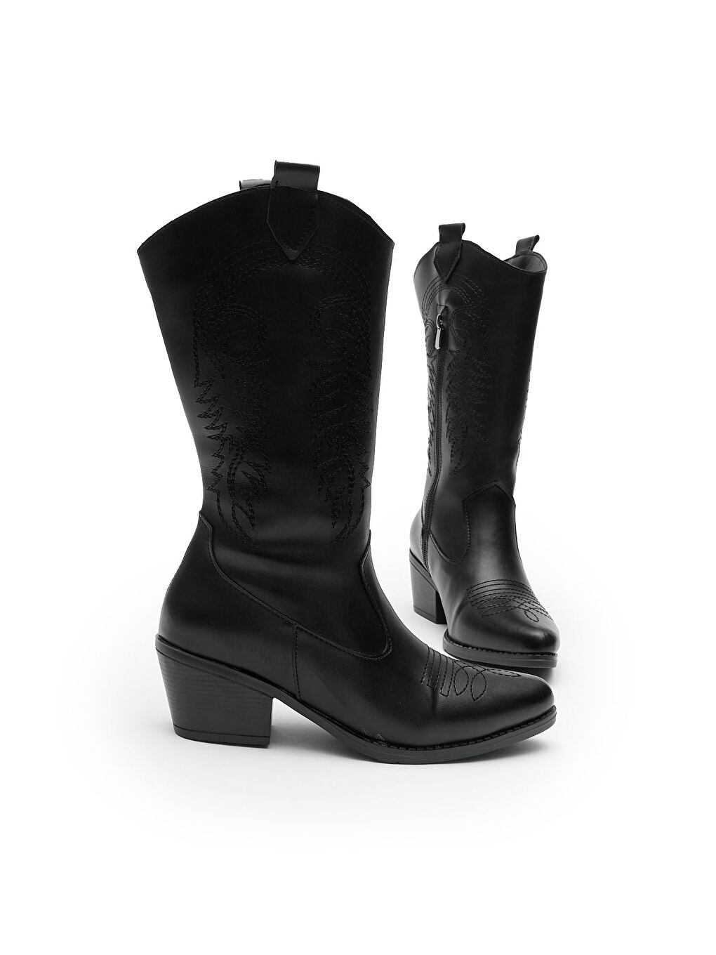Kadın Siyah Cilt Termo Taban Nakış İşlemeli Fermuarlı Topuklu Western Kovboy Bot-1
