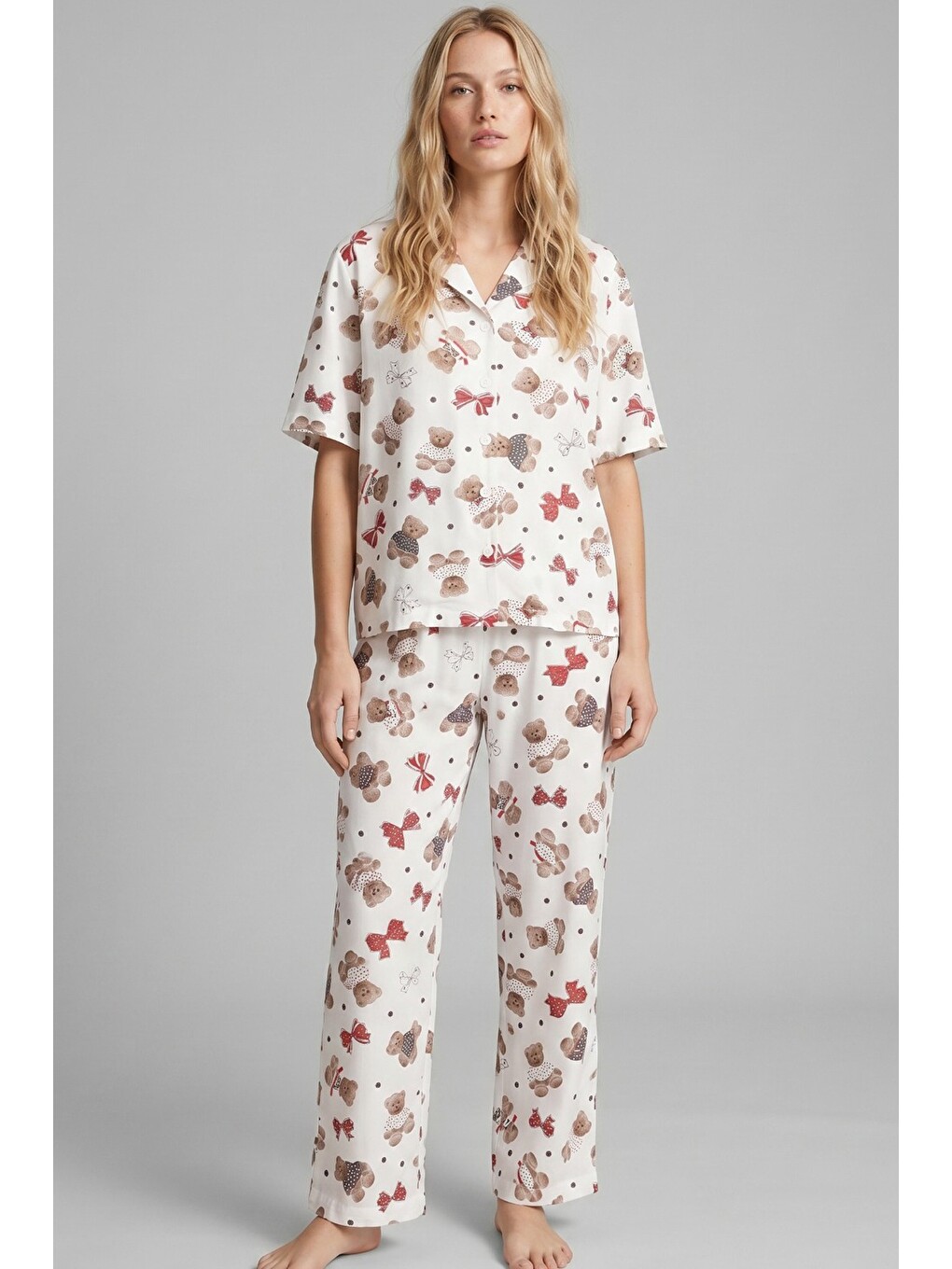 Karışık İnce Düğmeli Örme Pijama Takım 8018-1