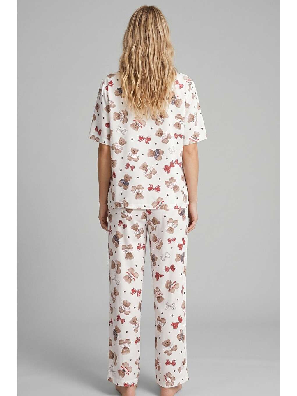Karışık İnce Düğmeli Örme Pijama Takım 8018-2