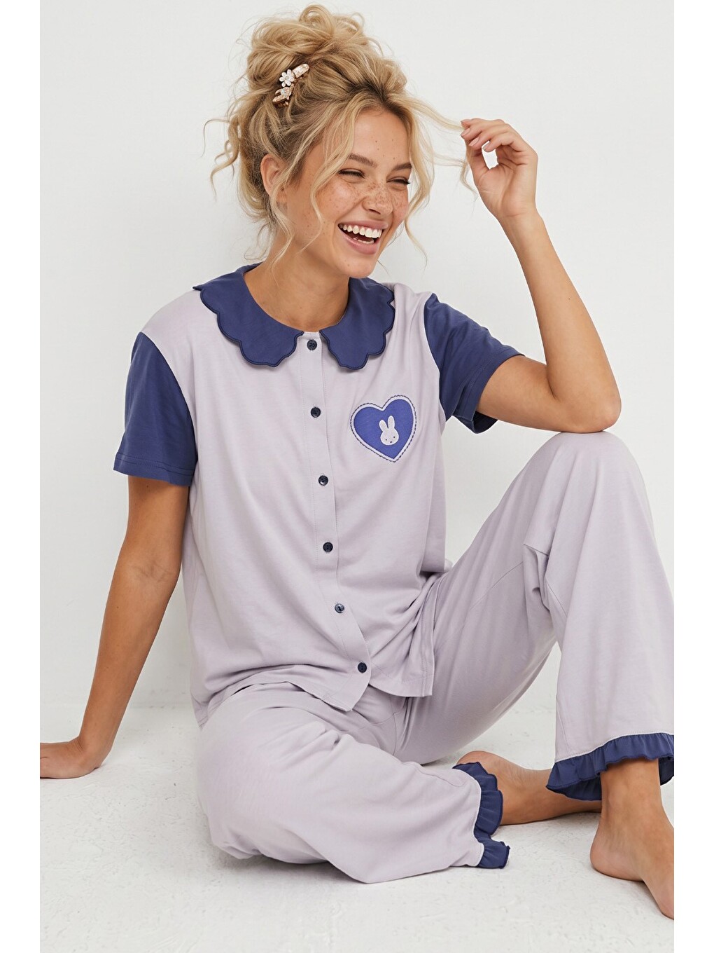 Lila Yaka Detaylı Baskılı Düğmeli Pamuklu Örme Pijama Takımı 8010