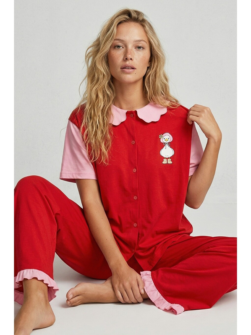 Kırmızı Yaka Detaylı Baskılı Düğmeli Pamuklu Örme Pijama Takımı 8010-1