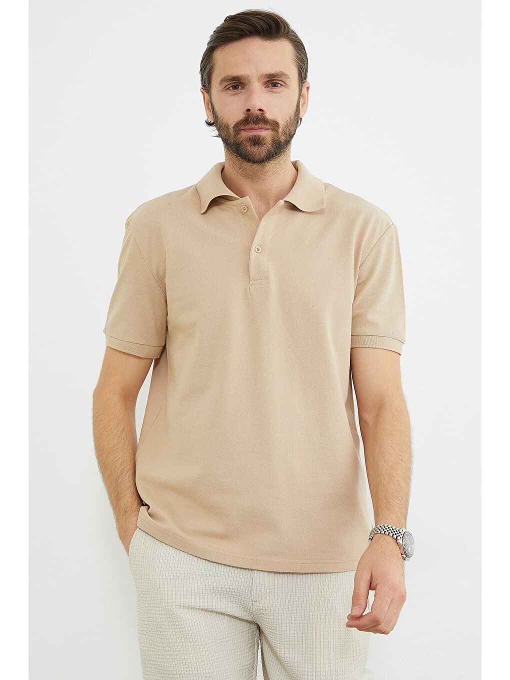 Bej Basic Polo Yaka Yarım Düğmeli Tişört