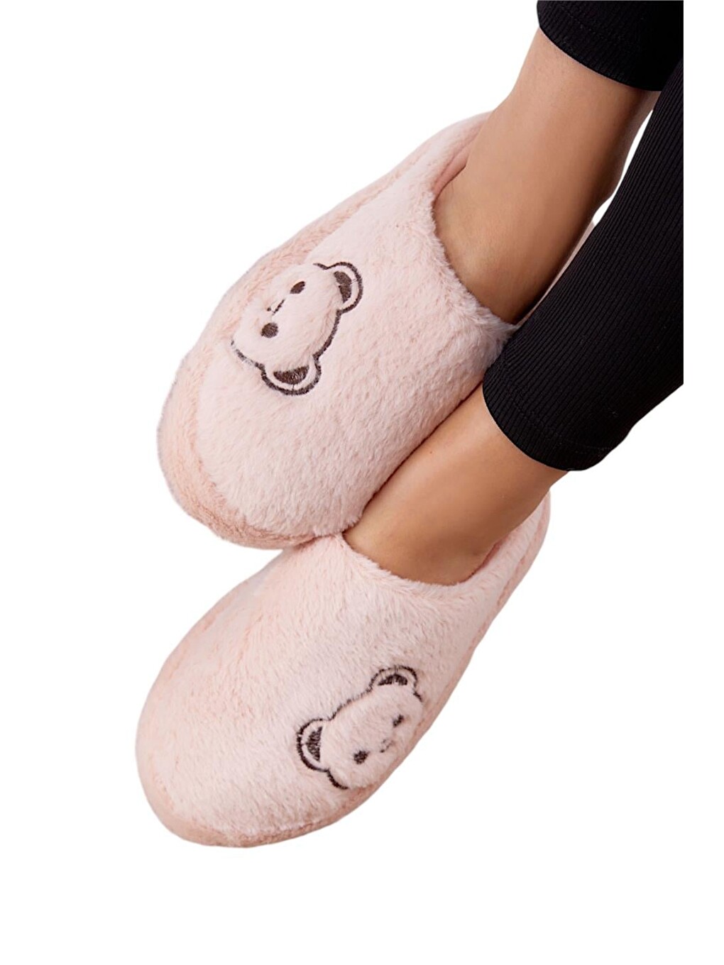 Pembe Önü Kapalı Ayıcık Baskılı Pelüş Kadın Ev Terliği Pudra