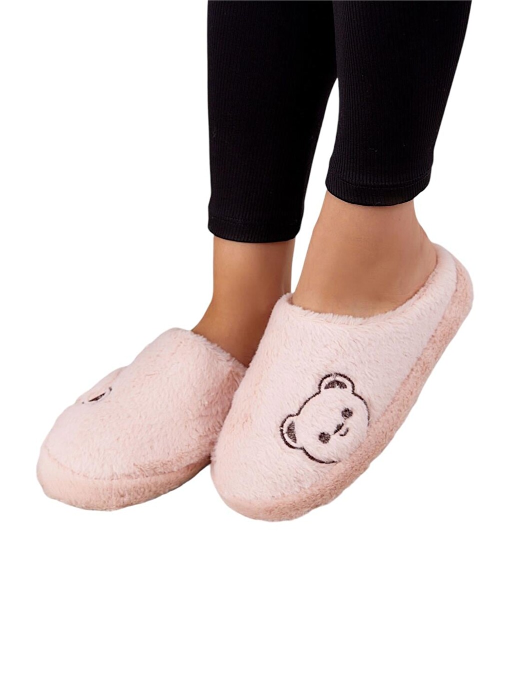 Pembe Önü Kapalı Ayıcık Baskılı Pelüş Kadın Ev Terliği Pudra-1