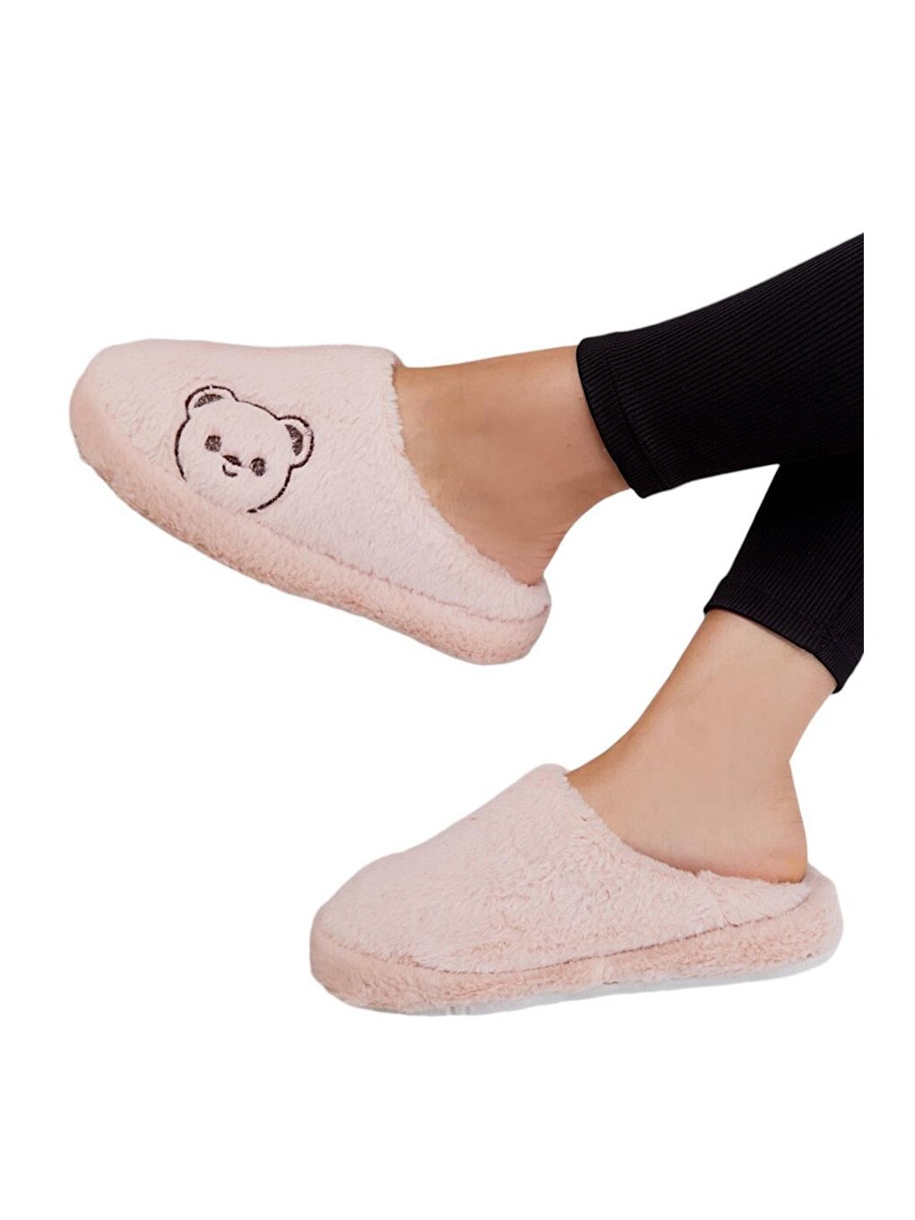 Pembe Önü Kapalı Ayıcık Baskılı Pelüş Kadın Ev Terliği Pudra-2