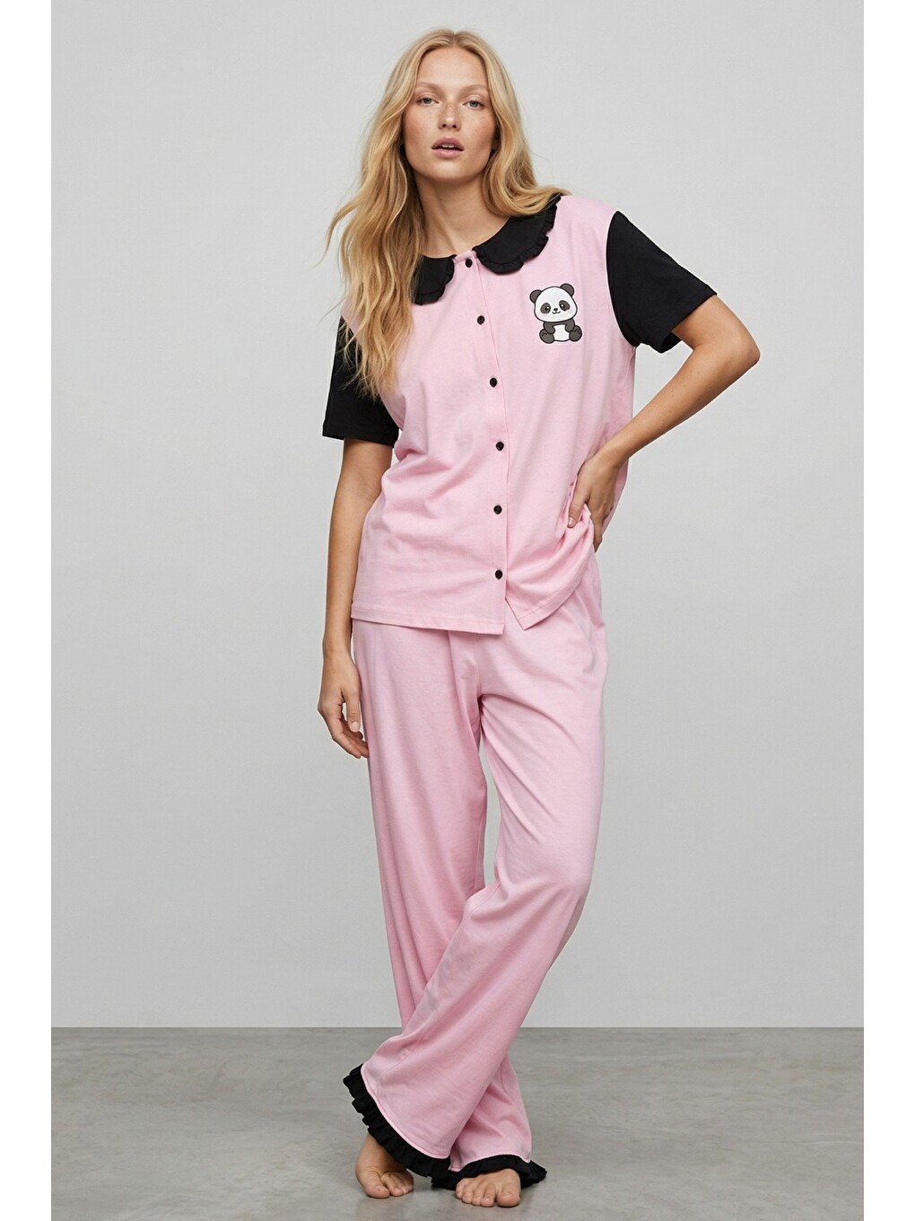 Pembe Yaka Detaylı Baskılı Düğmeli Pamuklu Örme Pijama Takımı 8010-2