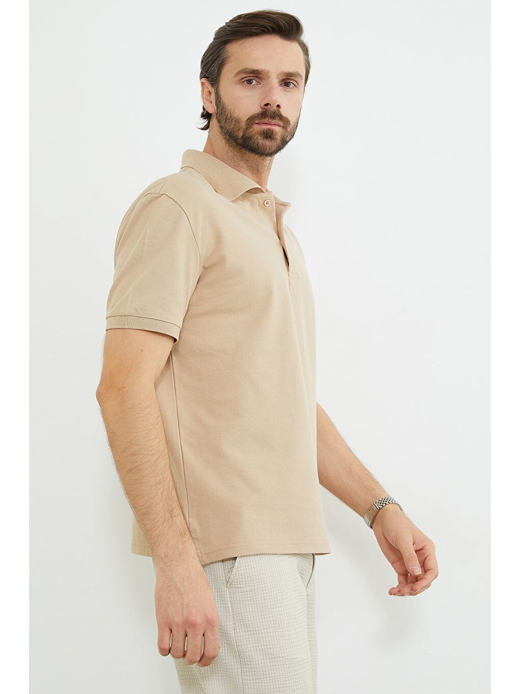 Bej Basic Polo Yaka Yarım Düğmeli Tişört-2