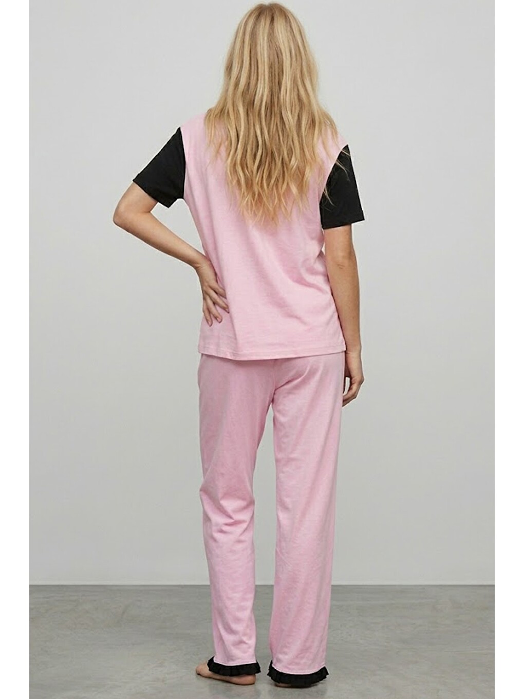 Pembe Yaka Detaylı Baskılı Düğmeli Pamuklu Örme Pijama Takımı 8010-3