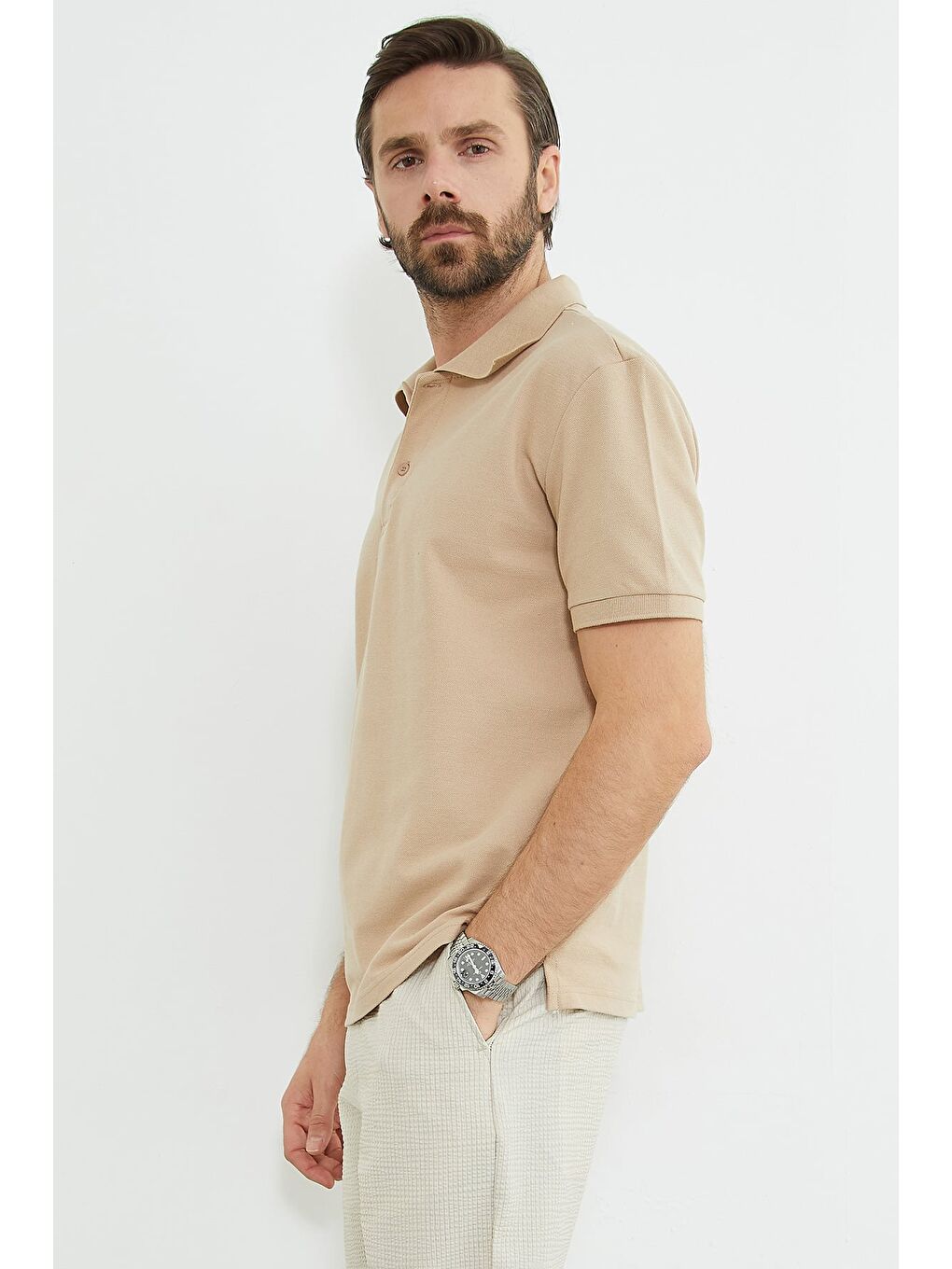 Bej Basic Polo Yaka Yarım Düğmeli Tişört-3