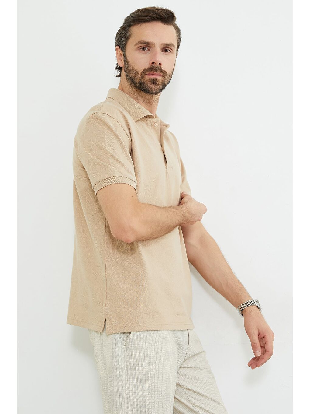 Bej Basic Polo Yaka Yarım Düğmeli Tişört-4