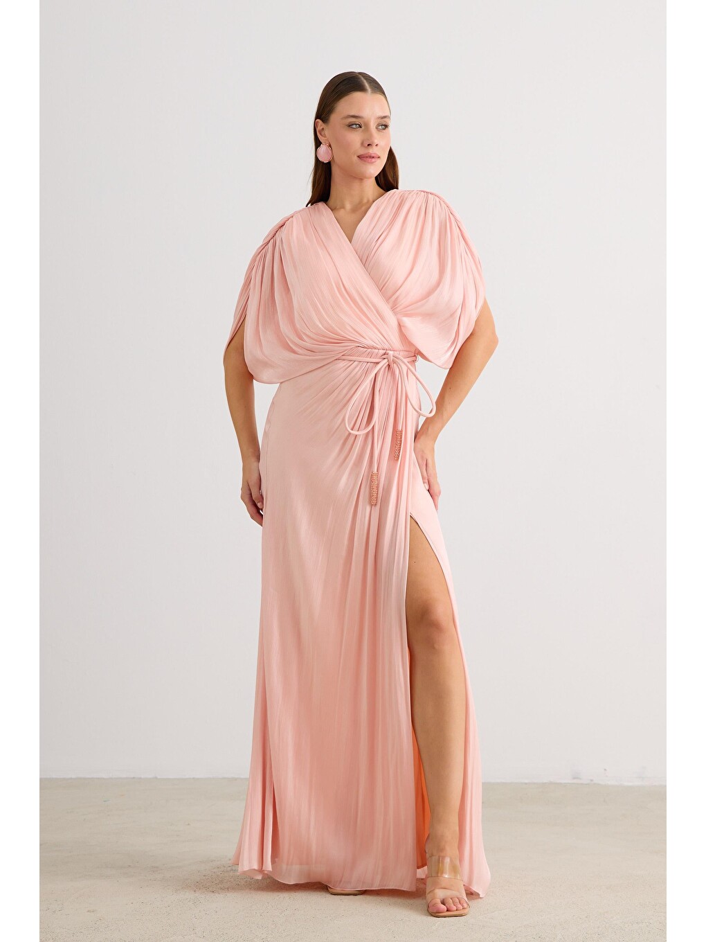 Pembe Pudra Yırtmaçlı Kemerli Organze Abiye Elbise-3