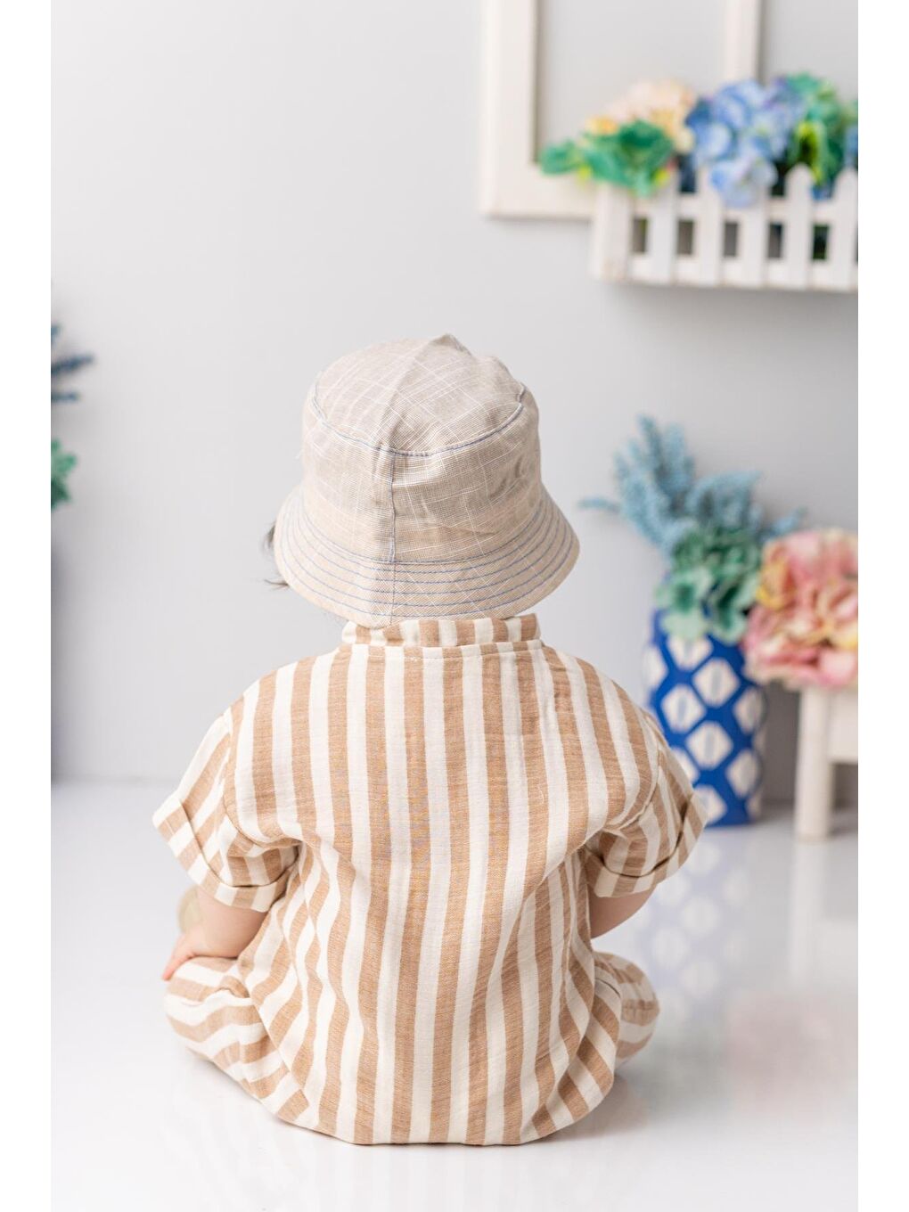 Erkek Bebek Kısa Kollu Müslin Tulum - Bej-1