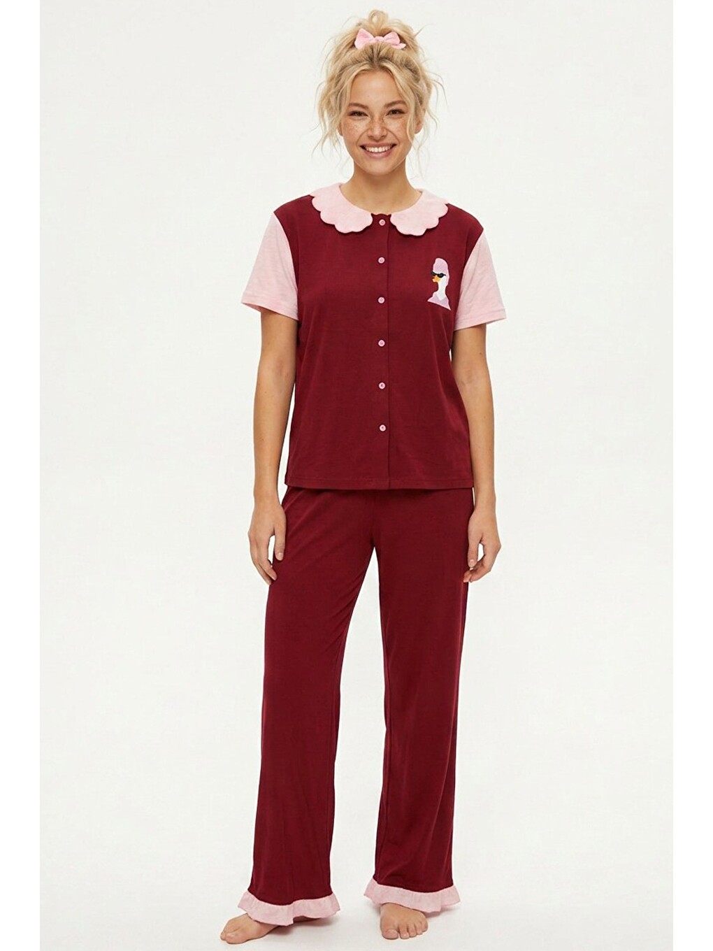 Bordo Yaka Detaylı Baskılı Düğmeli Pamuklu Örme Pijama Takımı 8010-1