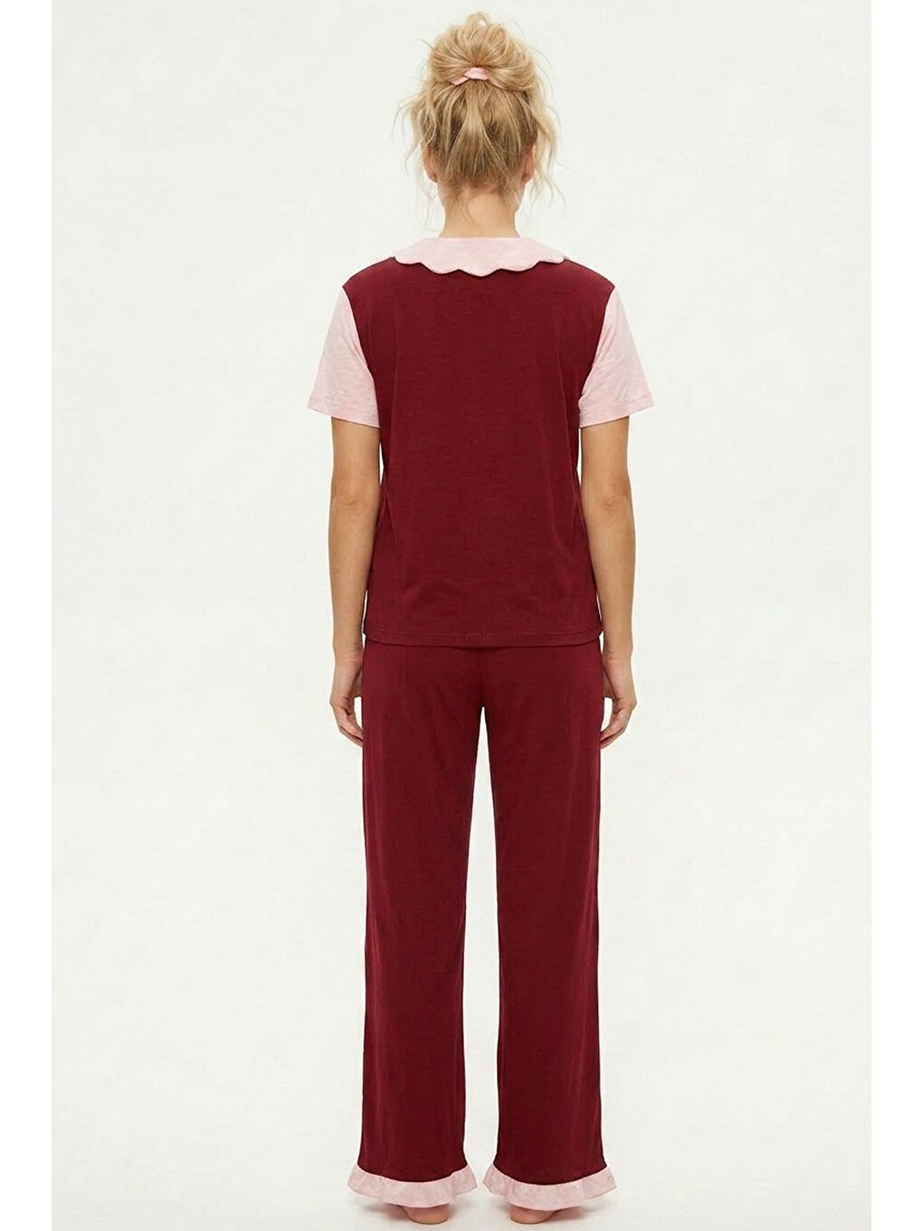 Bordo Yaka Detaylı Baskılı Düğmeli Pamuklu Örme Pijama Takımı 8010-2