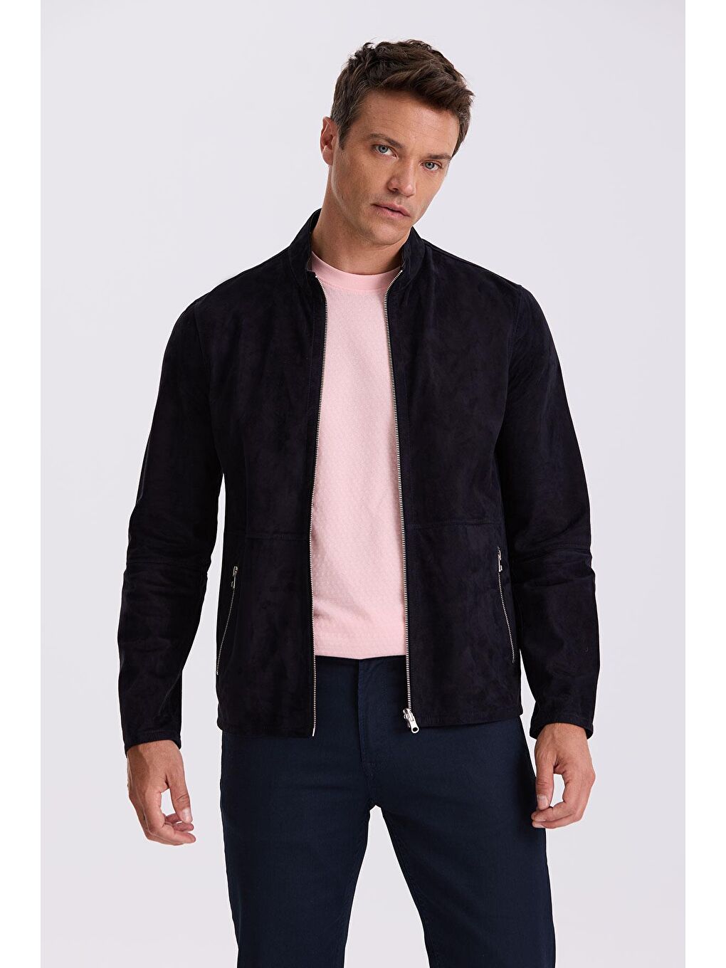 Lacivert Comfort Fit Dik Yaka Çift Taraflı %100 Deri Mont-1