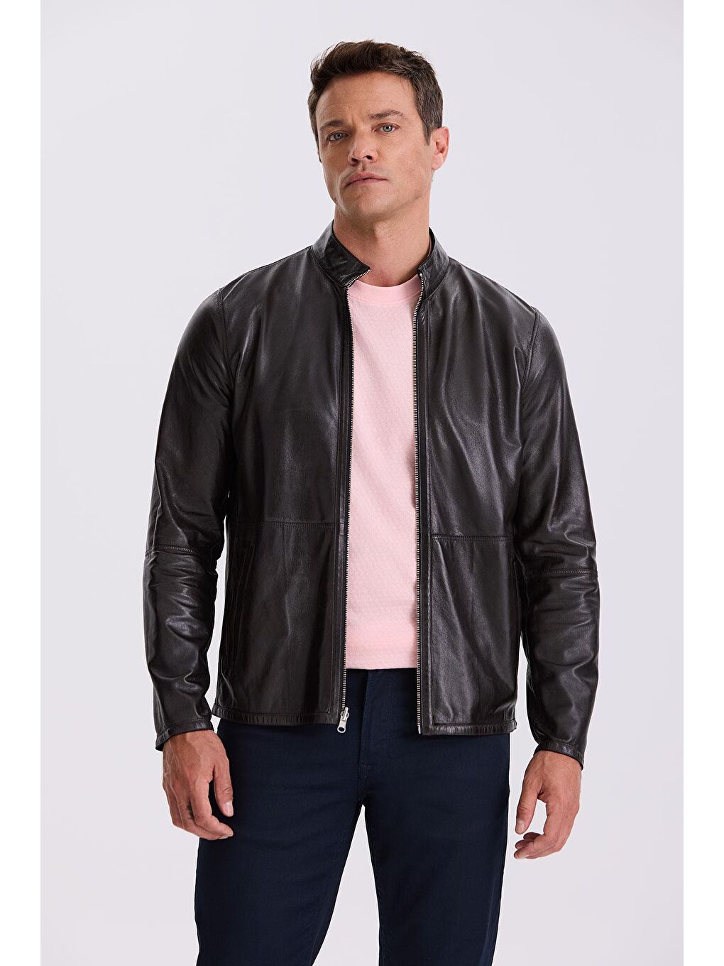 Lacivert Comfort Fit Dik Yaka Çift Taraflı %100 Deri Mont-2