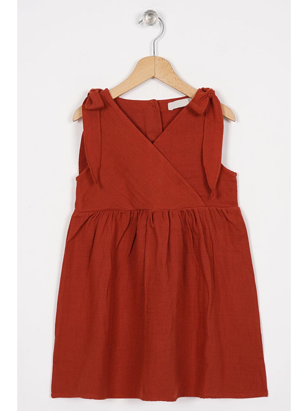 Kahverengi Omzu Fiyonk Detaylı Kiremit Renk Kız Çocuk Elbise