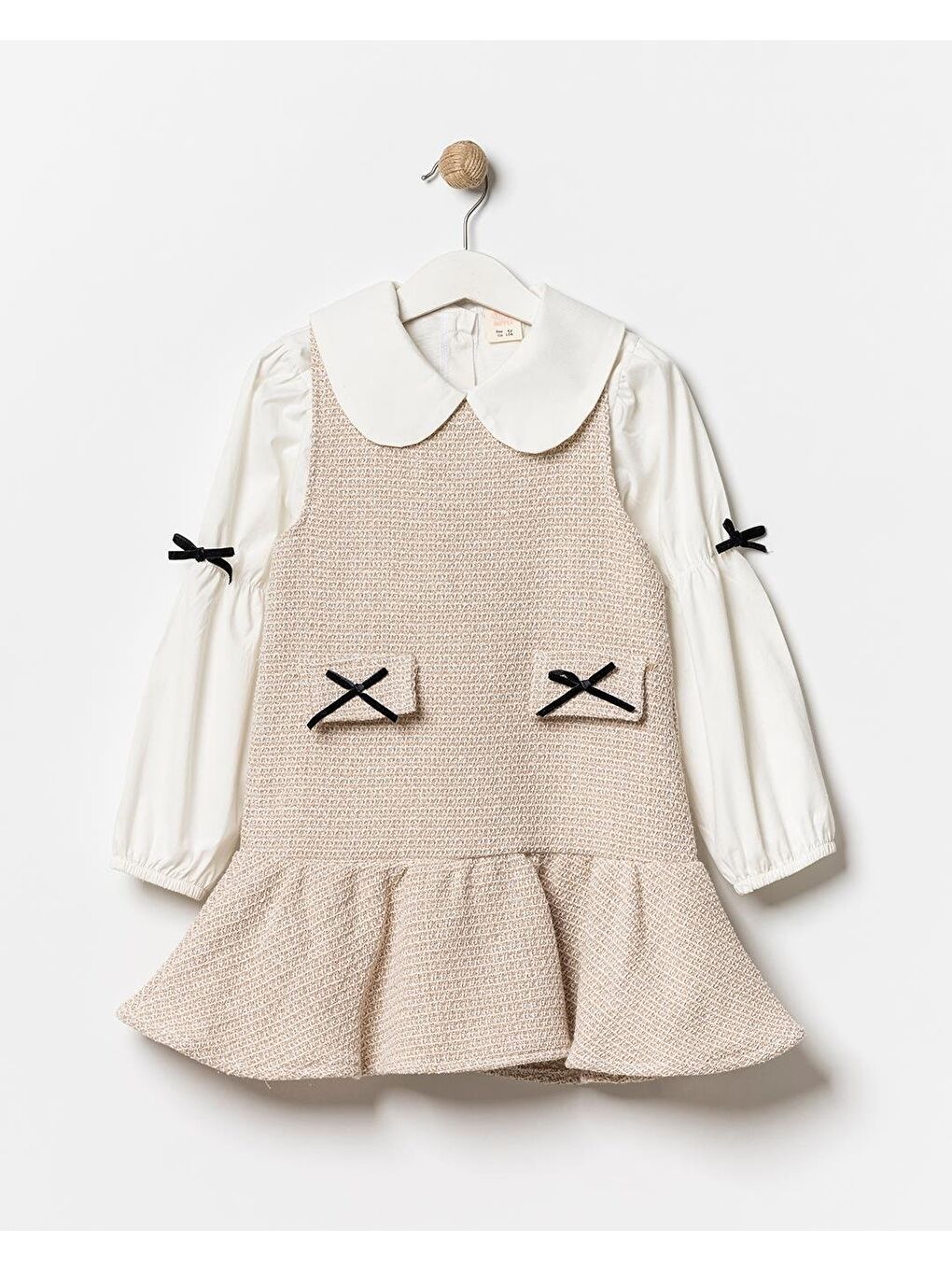 Kız Çocuk Pamuklu Bej Gömlek Yaka Elbiseli 2 Parça Elbise