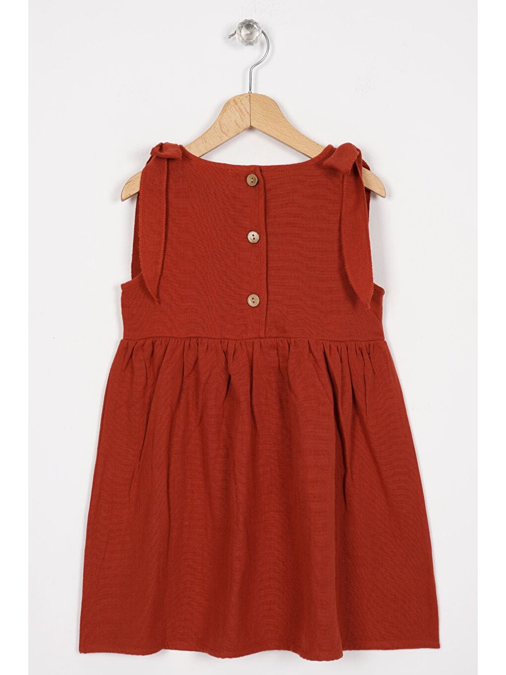 Kahverengi Omzu Fiyonk Detaylı Kiremit Renk Kız Çocuk Elbise-2