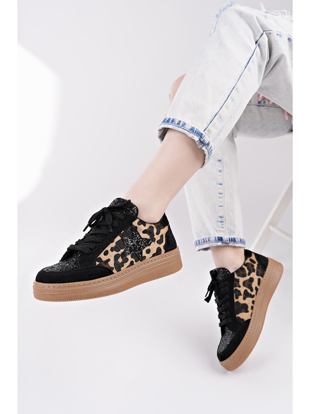 Sarı BONNİE Kadın Kalın Taban Taşlı Leopar Desenli Bağcıklı Günlük Sneaker Spor Ayakkabı-1