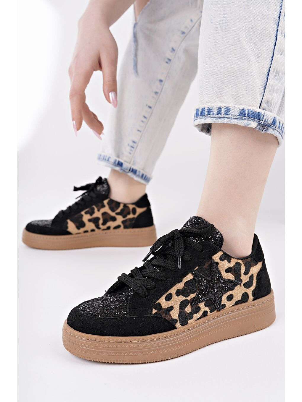 Sarı BONNİE Kadın Kalın Taban Taşlı Leopar Desenli Bağcıklı Günlük Sneaker Spor Ayakkabı-2