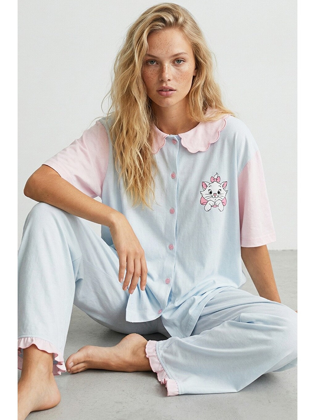 Karışık Yaka Detaylı Baskılı Düğmeli Pamuklu Örme Pijama Takımı 8010-1