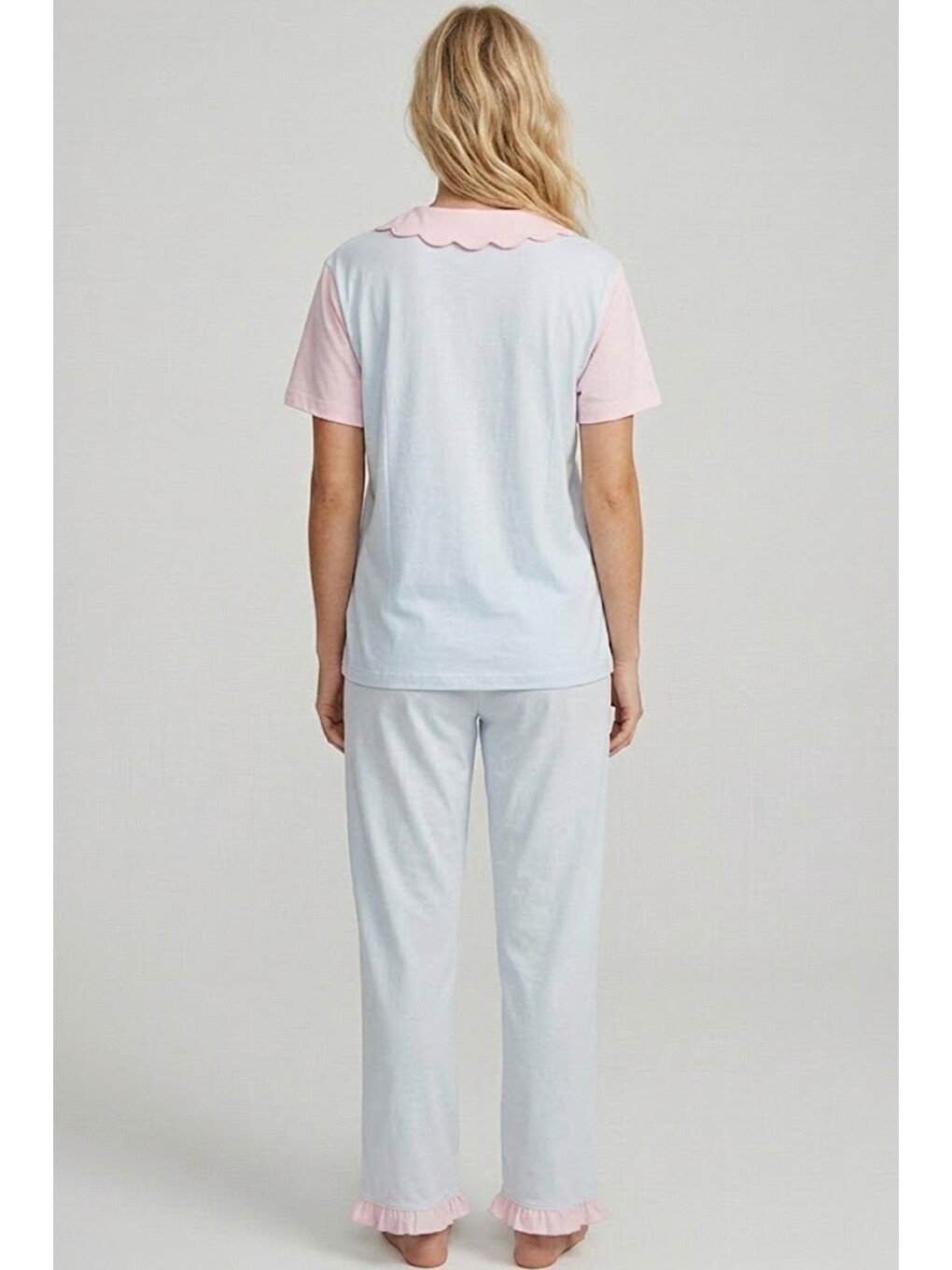 Karışık Yaka Detaylı Baskılı Düğmeli Pamuklu Örme Pijama Takımı 8010-3