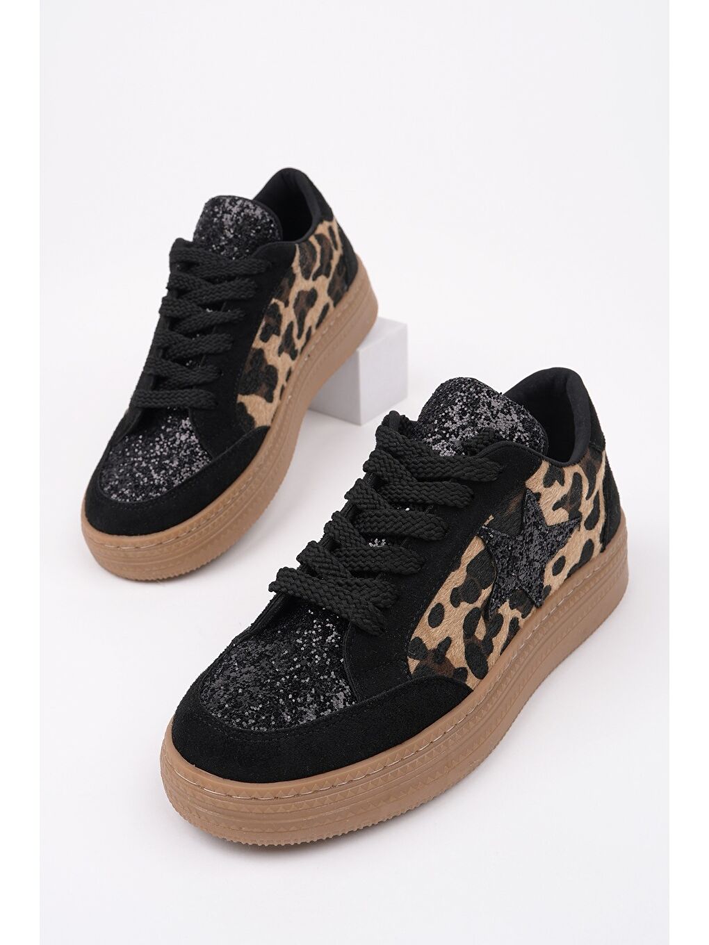 Sarı BONNİE Kadın Kalın Taban Taşlı Leopar Desenli Bağcıklı Günlük Sneaker Spor Ayakkabı-5