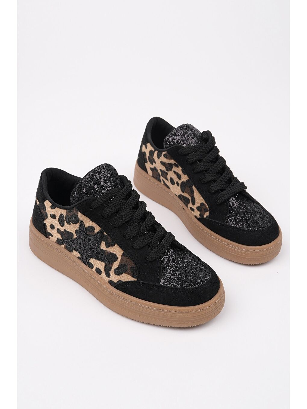 Sarı BONNİE Kadın Kalın Taban Taşlı Leopar Desenli Bağcıklı Günlük Sneaker Spor Ayakkabı-6