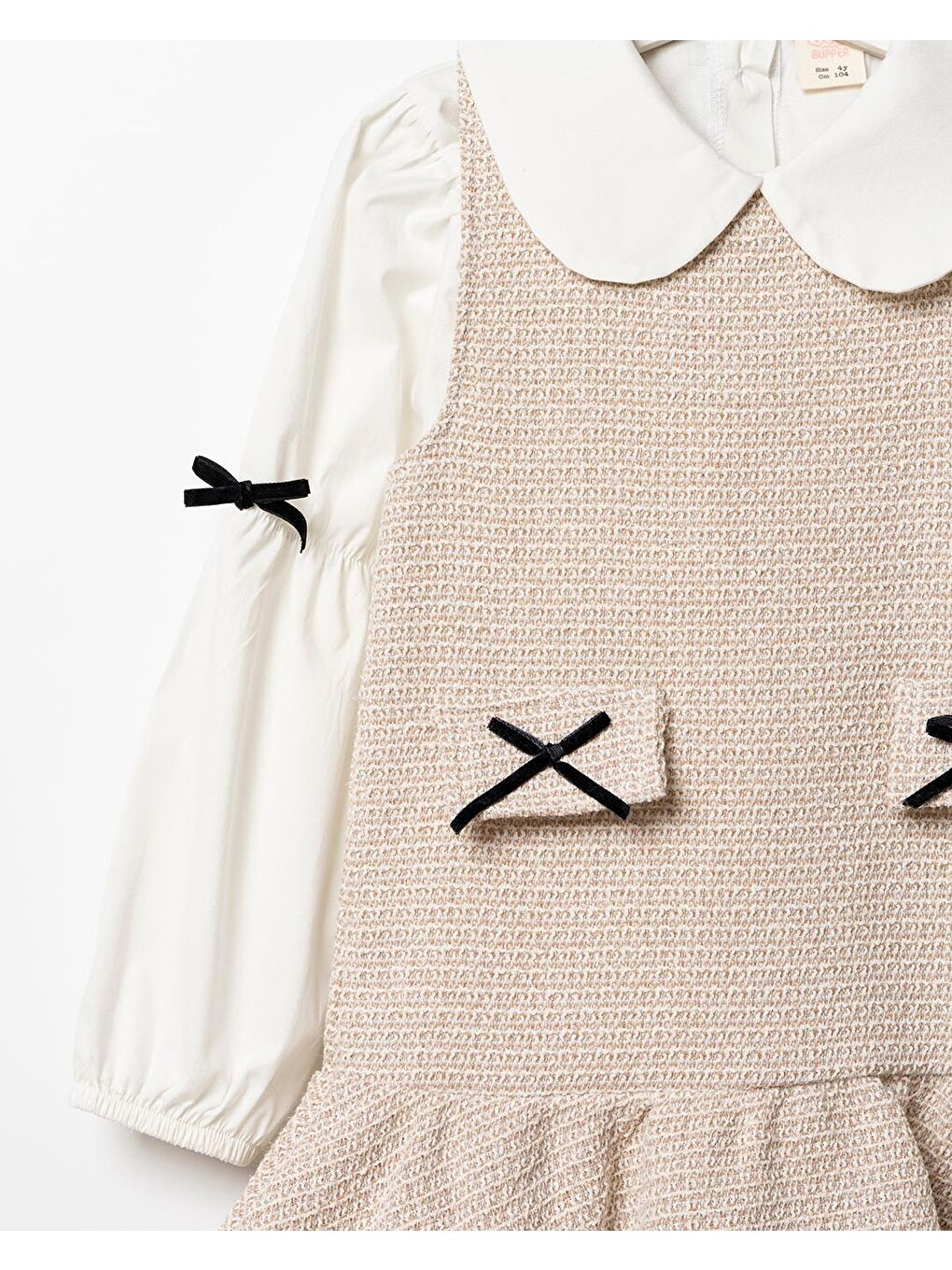 Kız Çocuk Pamuklu Bej Gömlek Yaka Elbiseli 2 Parça Elbise-3