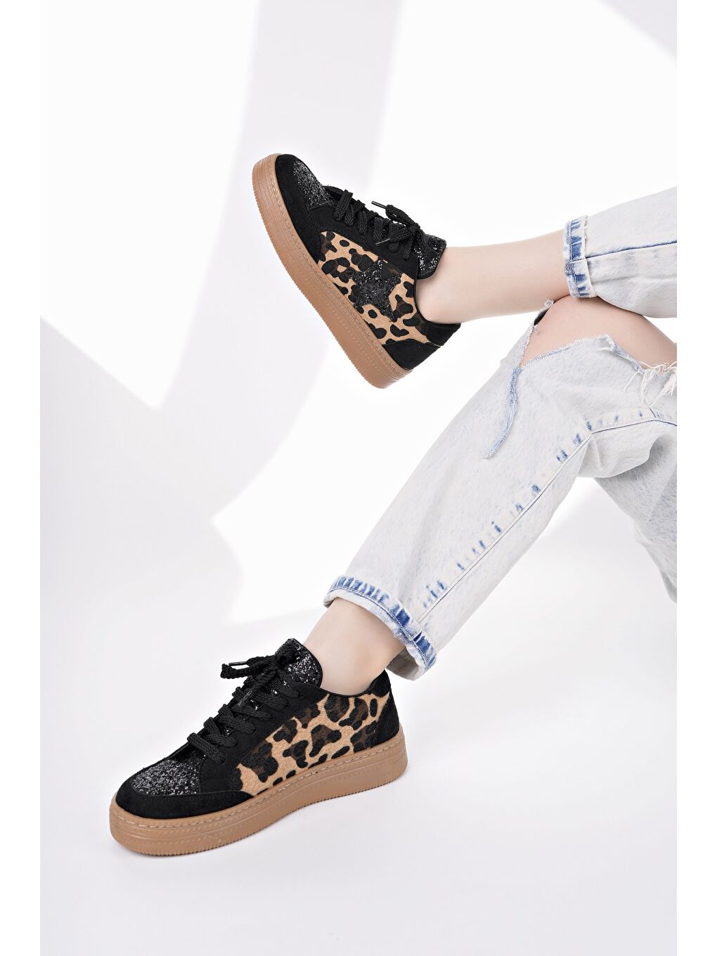 Sarı BONNİE Kadın Kalın Taban Taşlı Leopar Desenli Bağcıklı Günlük Sneaker Spor Ayakkabı-7