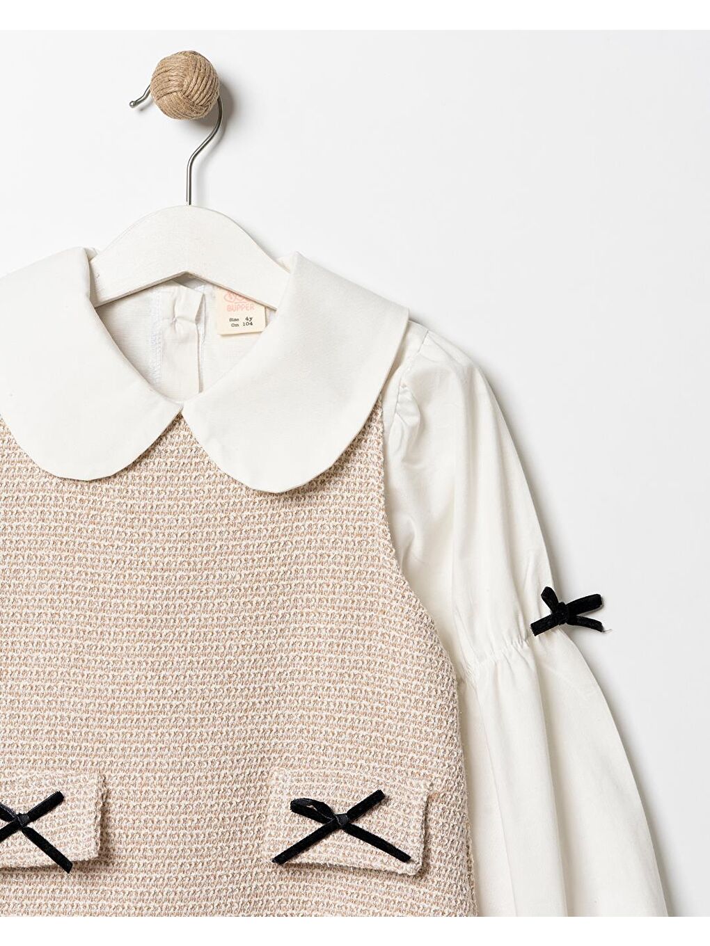 Kız Çocuk Pamuklu Bej Gömlek Yaka Elbiseli 2 Parça Elbise-4