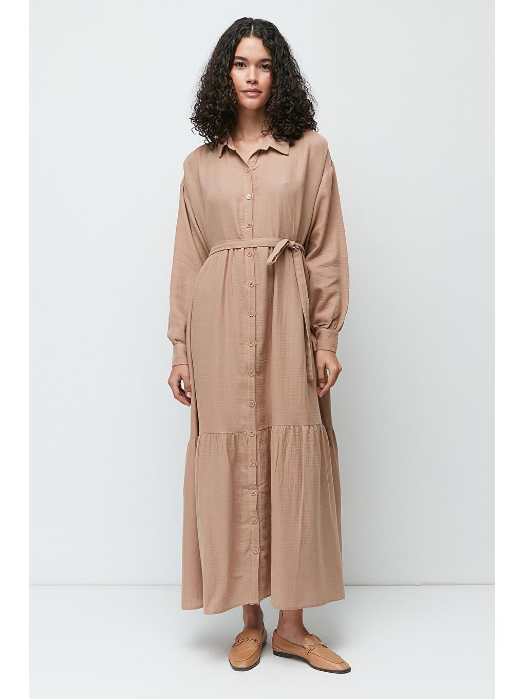Organik Pamuk Müslin Uzun Kol Elbise 9128 Bej-1
